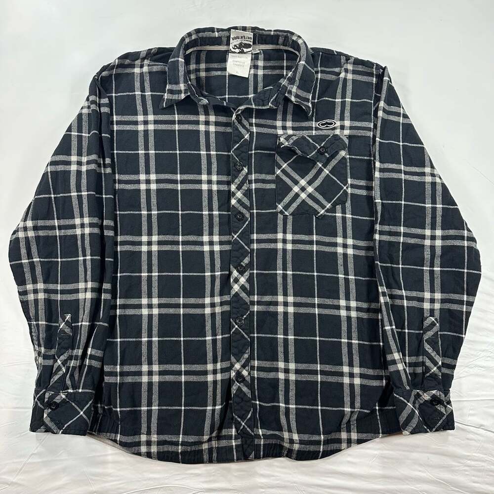 Vintage SRH Flannel Shirt Mens Size XL Black White Plaid Long Sleeve Skater Y2K